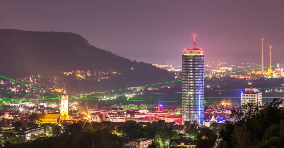 ©JenaKultur Foto: A. Graef Jena Lichtstadt, Nachtaufnahme, Jentower
