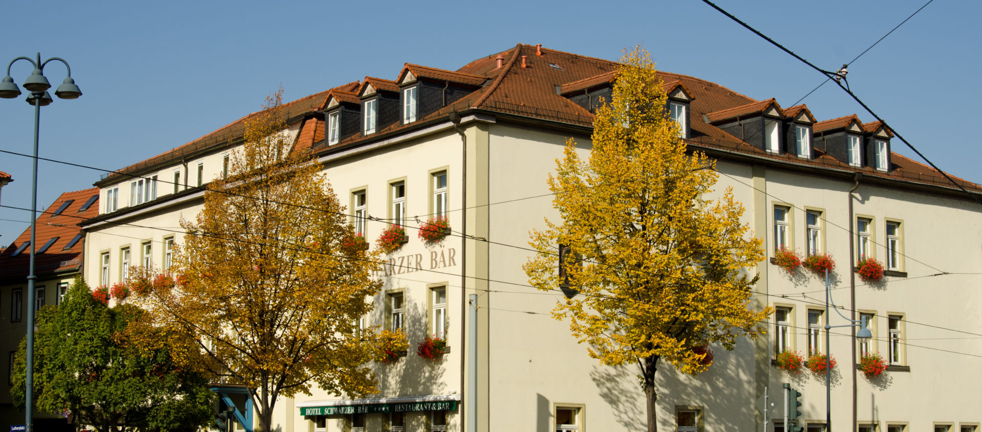 Fassade des Hotels Schwarzer Bär mit mehreren Fenstern und Blumenkästen an einer Straße mit Bäumen im Vordergrund