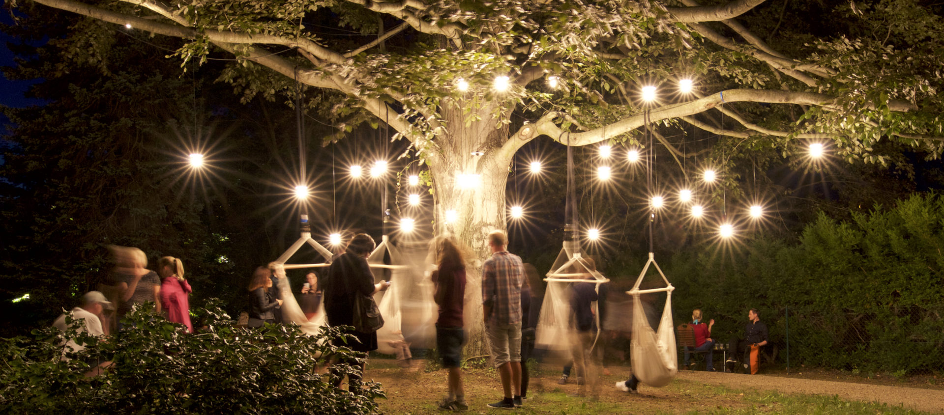 Große Baumkrone mit zahlreichen hängenden Lichtern und mehreren Menschen, die darunter im Park stehen oder sitzen