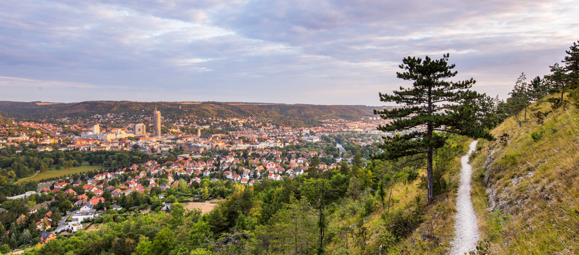Blick von einem bewaldeten Hang mit schmalem Pfad auf die Stadt Jena und das Saaletal unter bewölktem Himmel