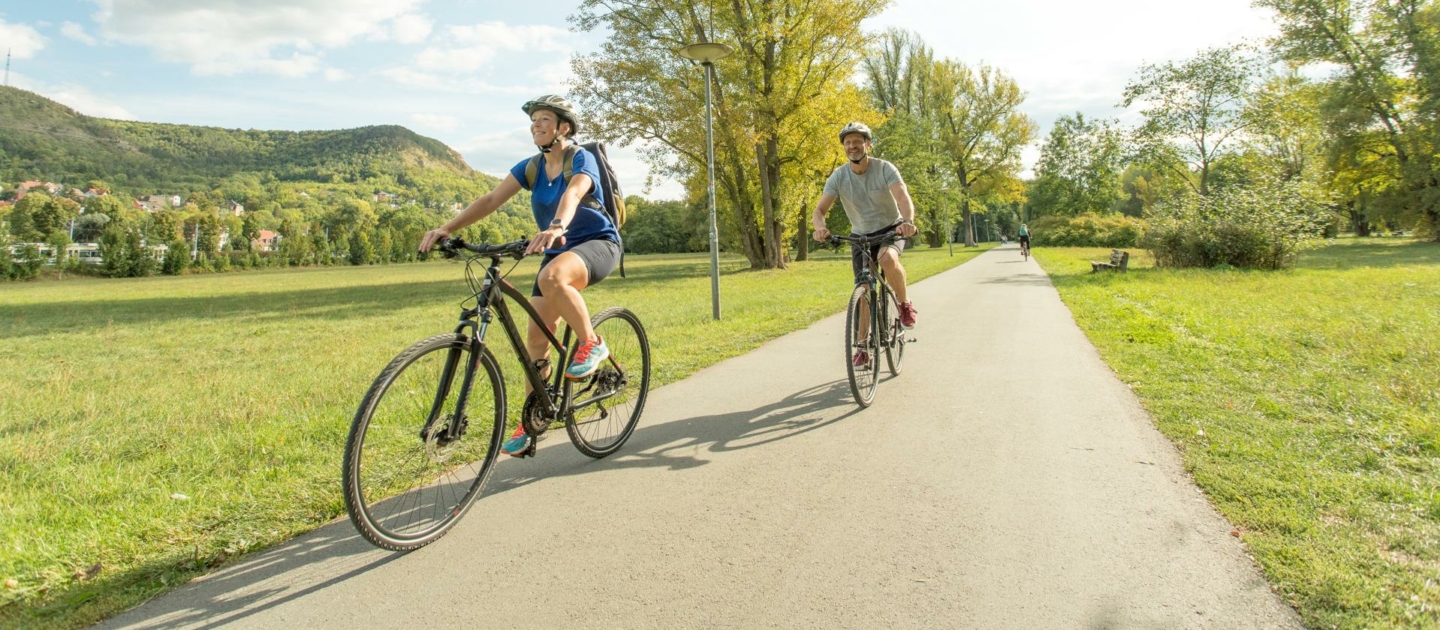 Zwei Radfahrer auf einem asphaltierten Weg im Paradiespark Jena, umgeben von Wiesen, Bäumen und Hügeln im Hintergrund.