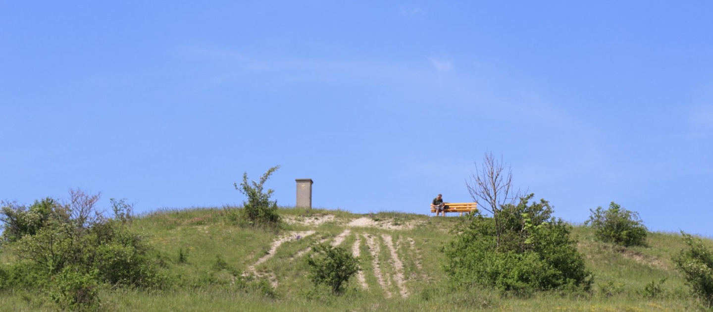 Grüner Hügel mit einem Weg nach oben, auf dem Gipfel eine Bank mit einer Person und dem Napoleonstein unter blauem Himmel