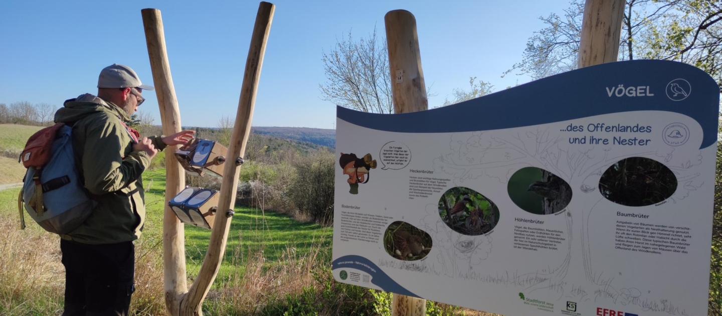 Person mit Rucksack steht an einem Informationsschild zum Thema Vögel auf dem Napoleonpfad in Jena in einer ländlichen Umgebung mit Bäumen und Wiesen im Hintergrund