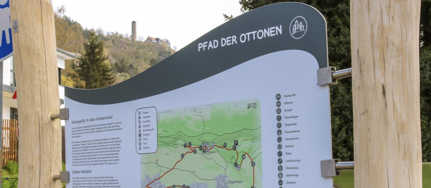 Wegeschild mit Karte und Legende des Pfads der Ottonen in Jena vor bewaldetem Hügel mit Turm im Hintergrund