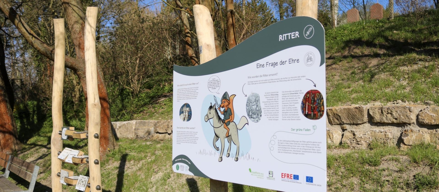 Wegeschild mit der Überschrift 'Eine Frage der Ehre' und einer Illustration eines Ritters auf einem Pferd, befestigt an unregelmäßig geformten Holzpfosten vor einer Steinmauer und Bäumen im Hintergrund.