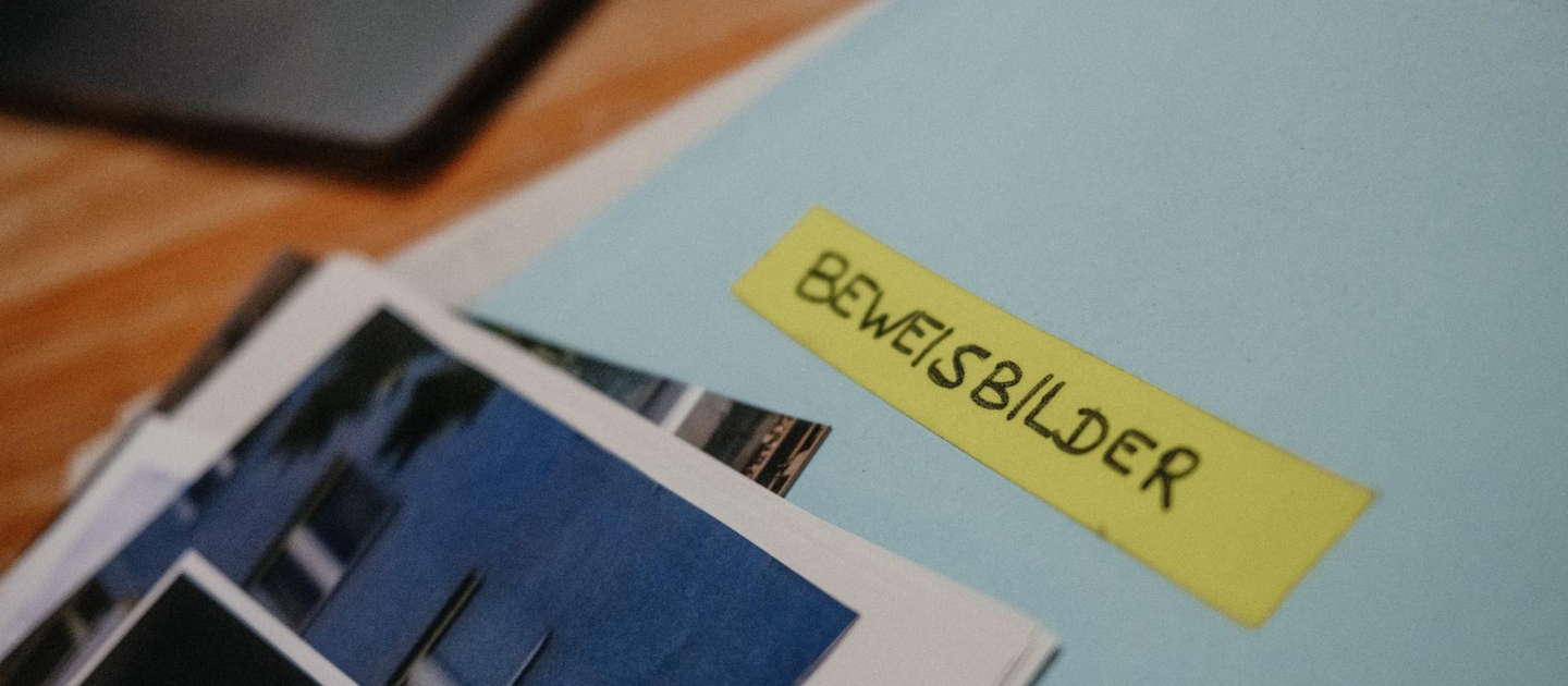 Blauer Ordner mit gelbem Etikett 'BEWEISBILDER' und Fotos auf einem Holztisch neben einem Laptop