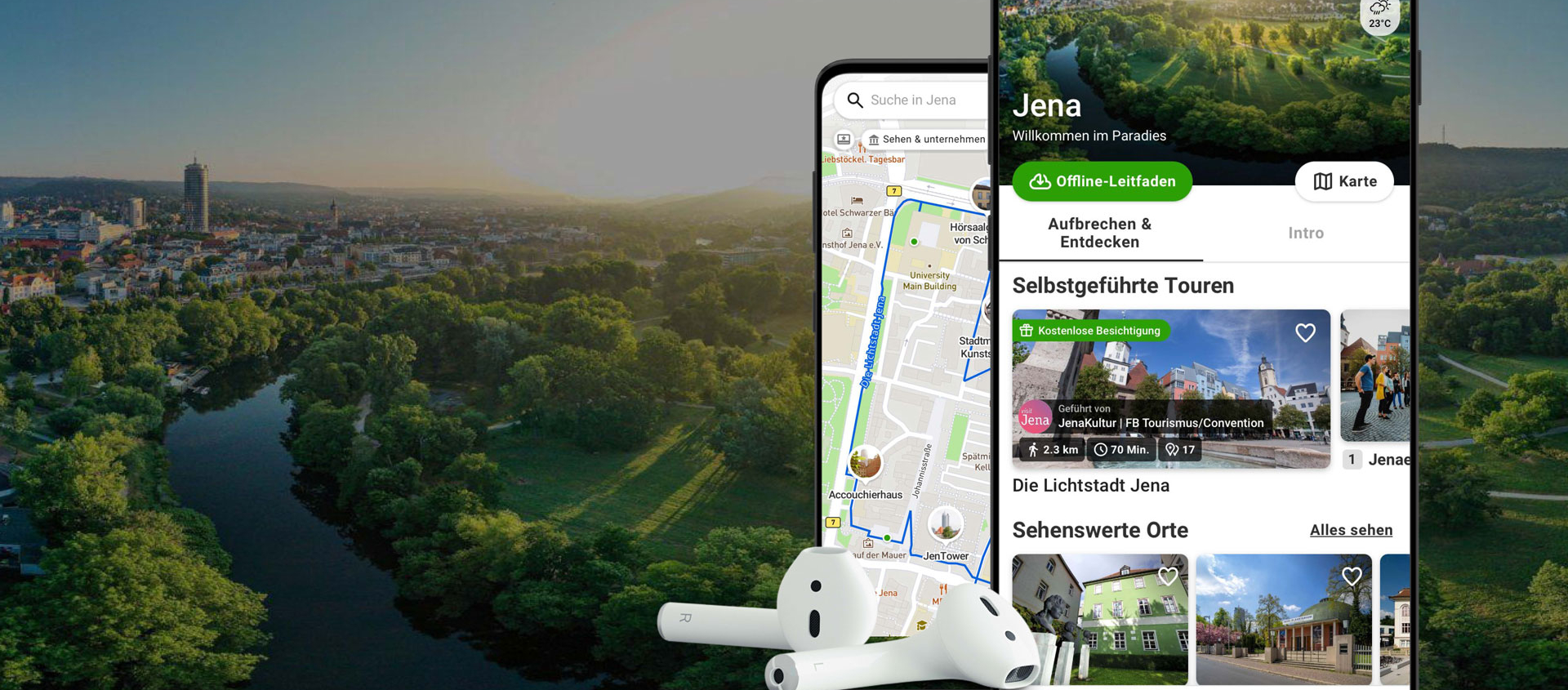 Smartphone-Ansicht der Jena-Reiseführer-App mit selbstgeführten Touren und Sehenswürdigkeiten, vor einer Luftaufnahme der Stadt Jena mit Fluss und grünen Bäumen