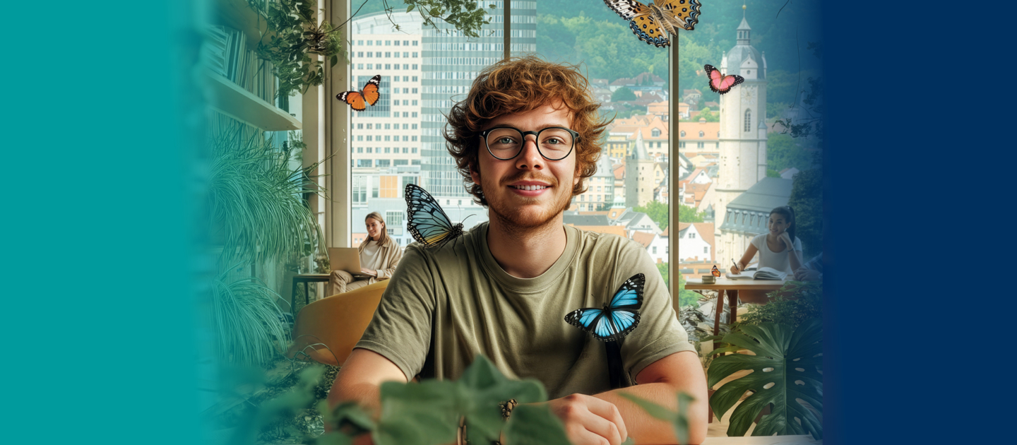 Junger Mann mit lockigem Haar sitzt an einem Tisch vor großen Fenstern, umgeben von mehreren bunten Schmetterlingen und Pflanzen