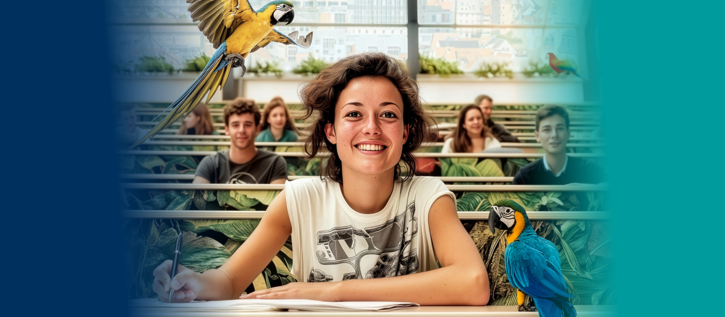 Junge Person sitzt in einem Hörsaal an einem Tisch und schreibt, umgeben von mehreren weiteren Personen und zwei bunten Papageien, einer fliegend, einer sitzend