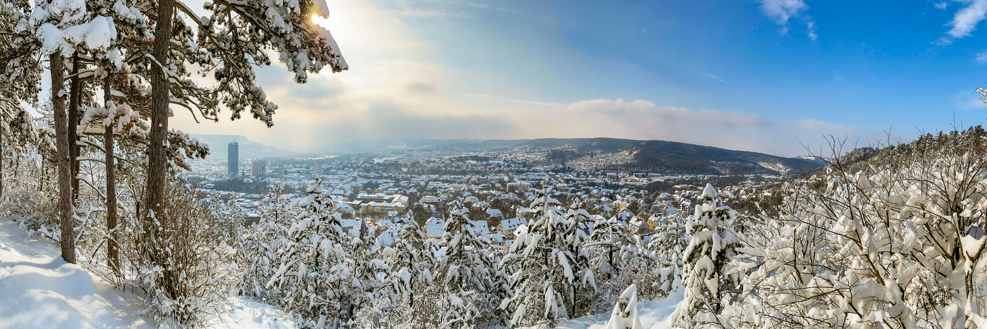 Winterliche Panoramaaufnahme von Jena mit schneebedeckten Bäumen im Vordergrund und der Stadt im Hintergrund unter blauem Himmel