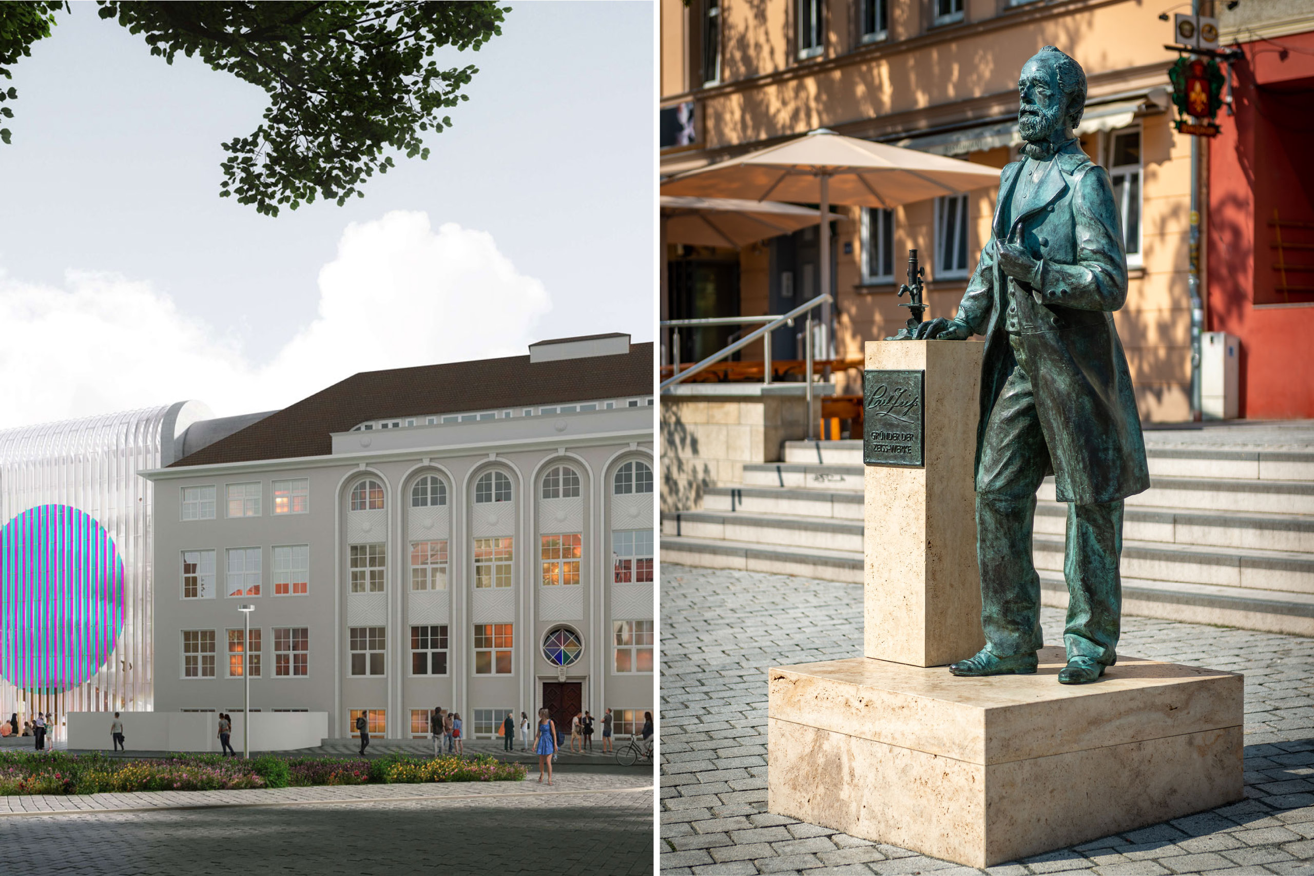 Links ein modernes Gebäude mit großen Fenstern und geschwungenem Dach als Entwurf für das Deutsche Optische Museum, rechts eine bronzene Statue von Carl Zeiss auf einem steinernen Sockel in Jena