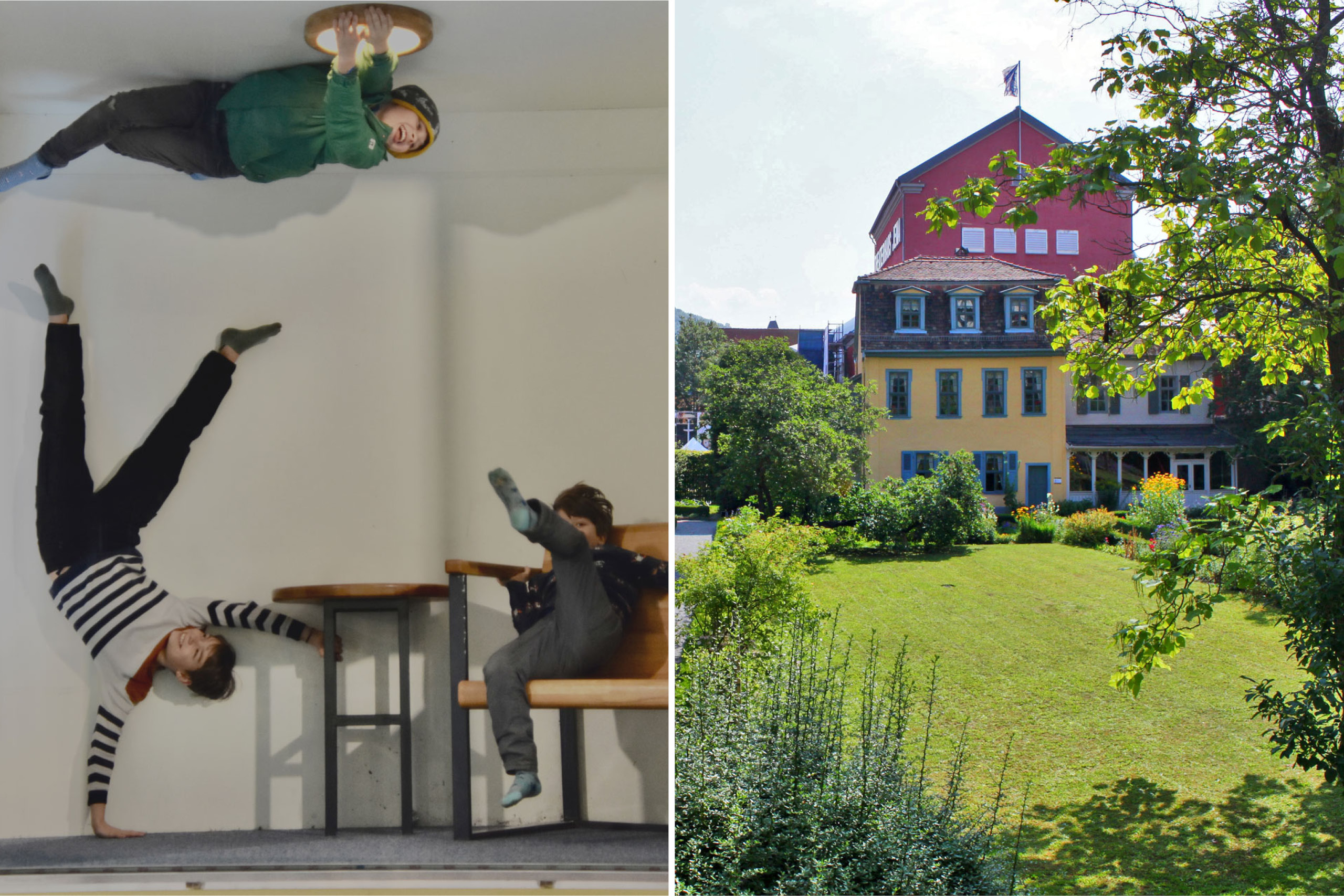 Drei Personen in einem Raum in der Imaginata mit weiß gestrichenen Wänden, eine Person steht auf den Händen, eine weitere hält eine runde Scheibe an der Decke, die dritte sitzt auf einer Bank; daneben Schillers Gartenhaus, ein gelbes mehrstöckiges Gebäude mit rotem Dach und Garten im Vordergrund.