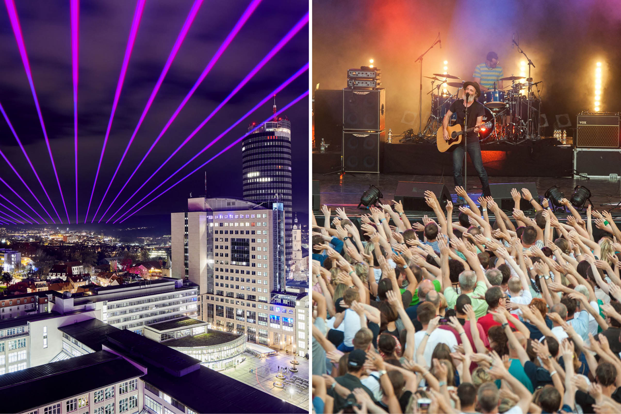 Nächtliche Stadtansicht mit violetten Lasersstrahlen über Hochhäusern und großes Publikum vor einer Bühne mit Musiker und Schlagzeuger bei einem Konzert