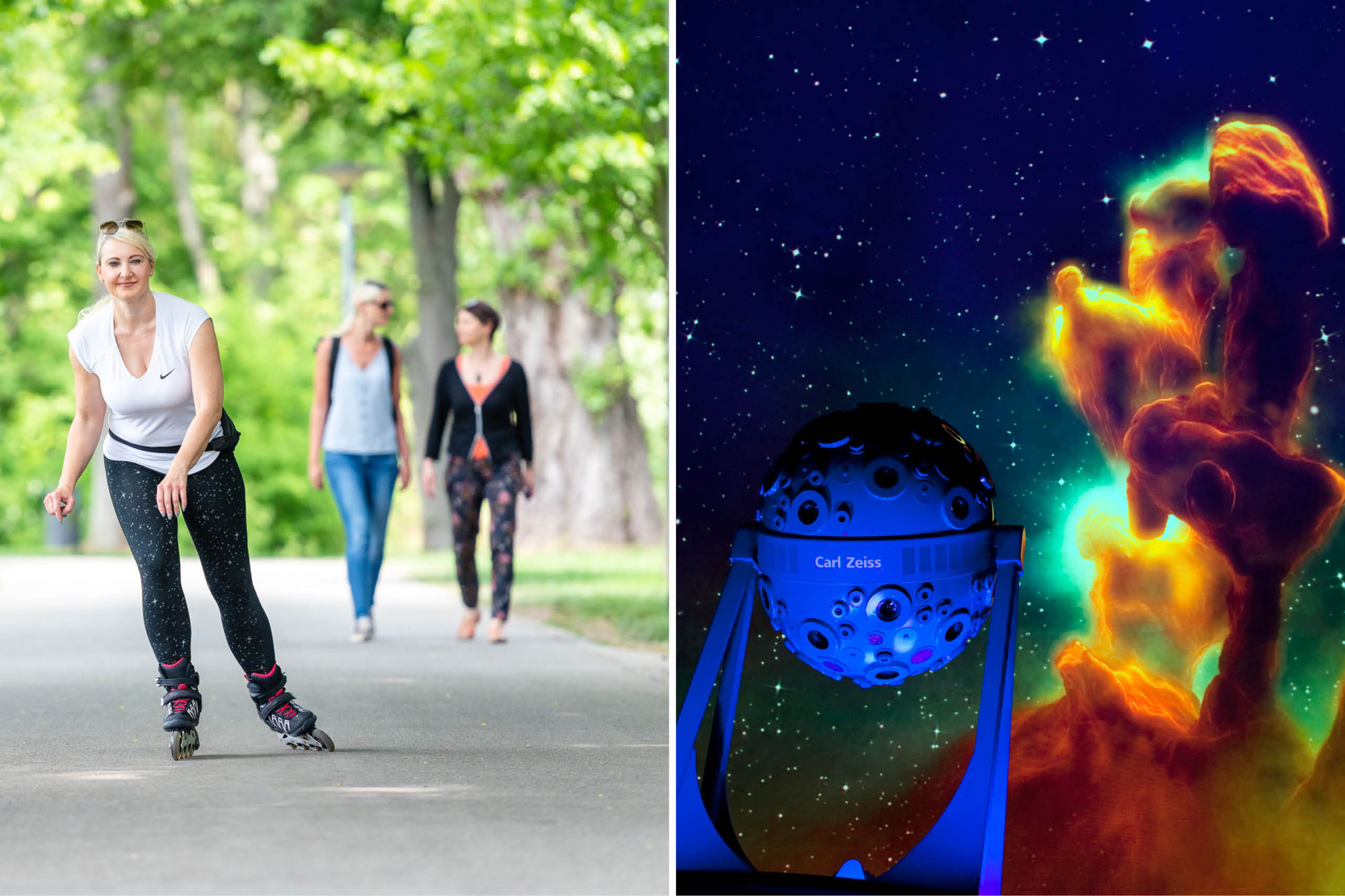Links eine Frau auf Inlineskates auf einem Weg im Park, im Hintergrund zwei Spaziergängerinnen, rechts die Kuppel des Zeiss-Planetariums mit Sternenhimmel und einer leuchtenden Gaswolke